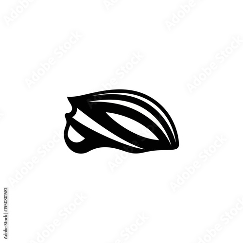 Abstract minimalist design of a black bicycle helmet icon on a white background, perfect for sports and safety branding