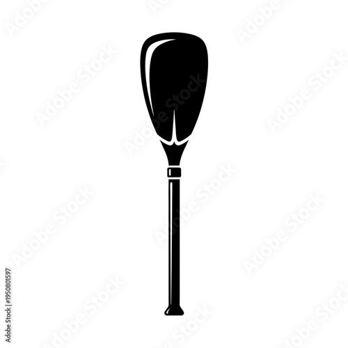 Minimalist illustration of a single black and white stand-up paddleboard paddle, isolated on white background, evoking water sports and outdoor activities
