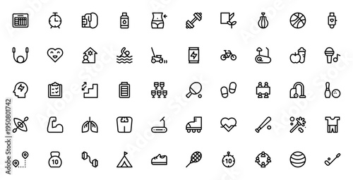 Active Lifestyle icon set. Vector icons pack for fitness and health. Includes symbols for exercise, sports, energy, schedule, equipment and more. Editable stroke.