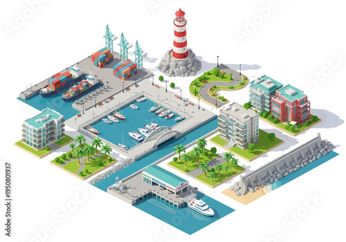 Isometric illustration of a modern port city with container ships, a lighthouse, buildings, and a breakwater