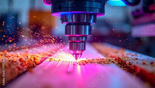 Precision CNC milling machine cutting wood with sparks flying in industrial setting