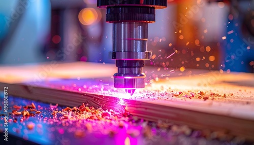 Precision CNC router cutting wood with laser beam and flying sawdust particles