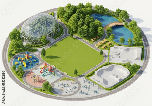 Aerial view of a well-designed urban park featuring diverse recreational facilities and green spaces