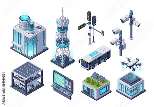 Isometric smart city infrastructure elements including buildings, towers, vehicles, and surveillance systems
