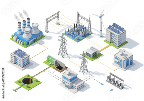 Renewable energy smart grid infrastructure with solar panels, wind turbine, and power plant