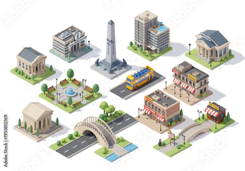Isometric city buildings and infrastructure illustration