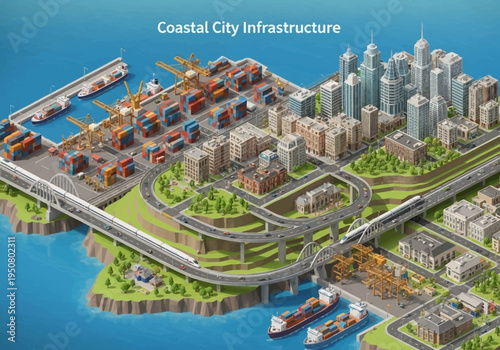 Coastal City Infrastructure A Detailed Isometric View of a Bustling Harbor and Urban Landscape