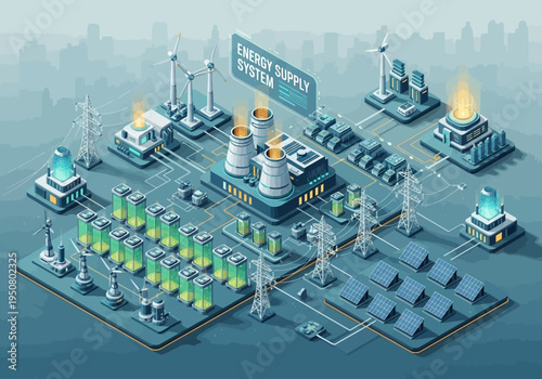 An isometric illustration depicting an advanced energy supply system featuring renewable and non-renewable sources