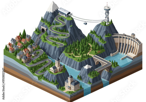 Scenic mountain landscape with hydroelectric dam, cable car, and village, showcasing sustainable energy production and infrastructure development