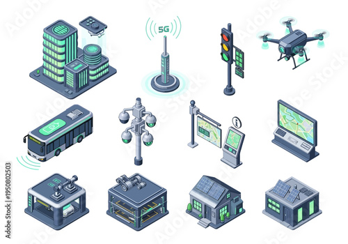 Smart city technology and infrastructure icons representing urban development and connectivity