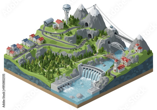 Isometric view of a hydroelectric power plant supplying energy to a town nestled in the mountains