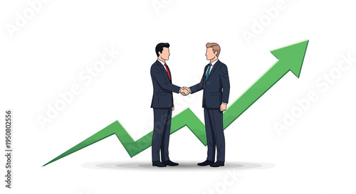 Vector illustration of two businessmen shaking hands in front of a green arrow graph