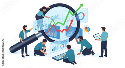 Vector illustration of 6 people analyzing data and graphs