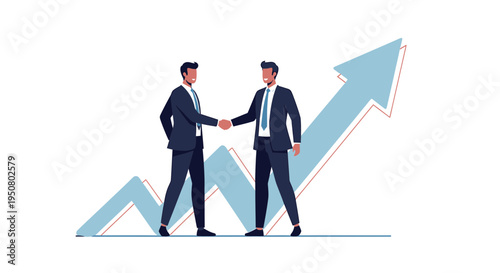 Vector illustration of two businessmen shaking hands with an upward arrow graph