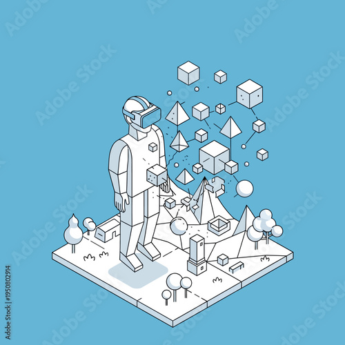 Isometric illustration of a person wearing a virtual reality headset interacting with digital objects.