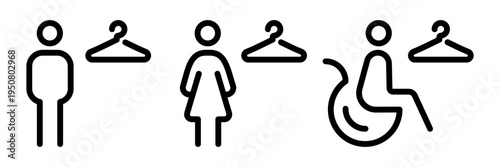 Line icons of men, women and accessible changing rooms. Minimal vector symbols for wardrobe, locker and cloakroom facilities.