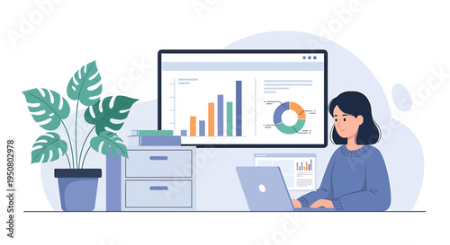Vector illustration of woman working on laptop with desktop monitor and plants