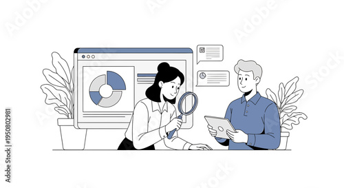 Vector illustration of business people analyzing data on computer and paper