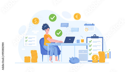 Vector illustration of businesswoman working on laptop with finance icons