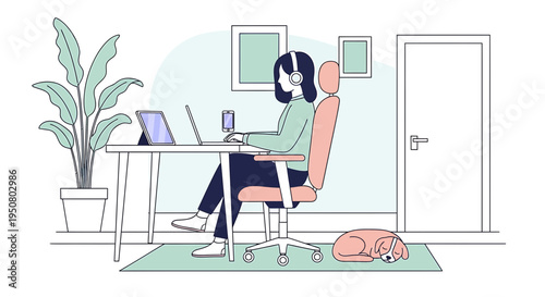 Vector illustration of woman working from home with cat