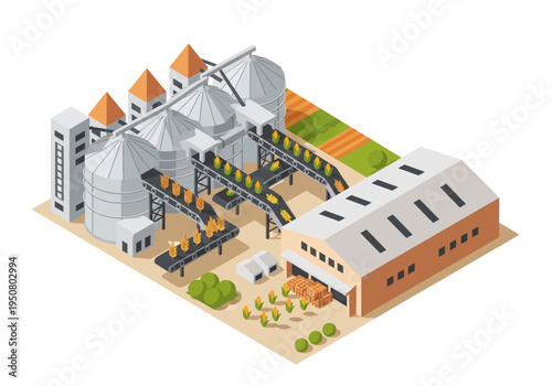 Industrial grain storage facility with conveyor belts and harvest
