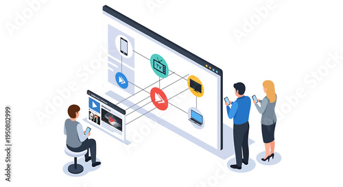 Vector illustration of 3 people interacting with a large computer screen displaying a flowchart