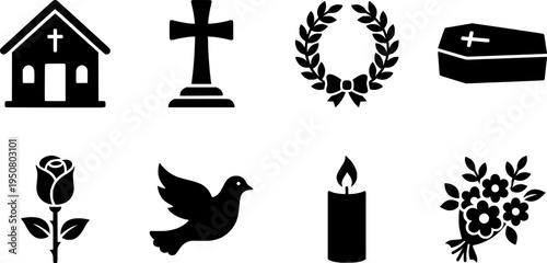 Funeral home services icons; houses, cross, plants. Website design, EPS Vector.
