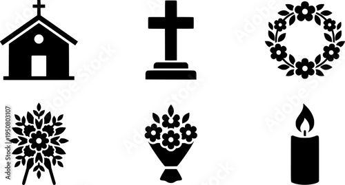 Funeral home services icons; houses, cross, plants. Website design, EPS Vector.
