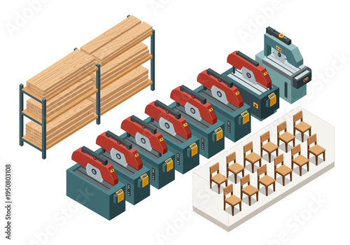 Industrial woodworking setup featuring a lumber rack, multiple saws, and seating for workers