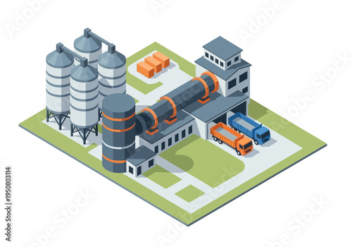 Industrial factory with silos, kilns, and trucks for manufacturing and logistics