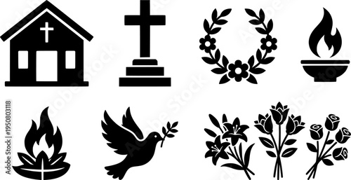 Funeral home services icons; houses, cross, plants. Website design, EPS Vector.
