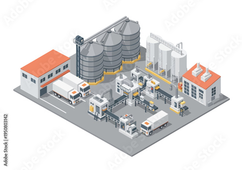 Industrial complex with food processing plant, storage silos, and delivery trucks