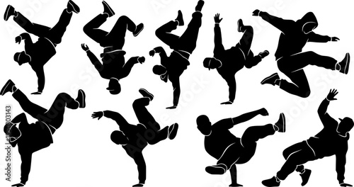 Hip-Hop and Breakdance Dancer Silhouette Vector Set – Urban Street Dance Poses on White Background
