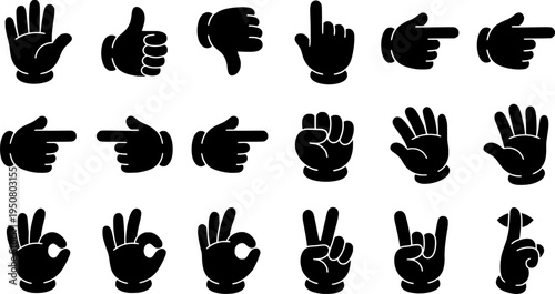 Set of cartoon hands in gloves. Retro style mascot hands. Rubber hose style hands. Vector illustration
