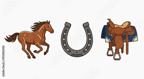 A horse, horseshoe, and saddle illustration, representing a connection to equestrian activities