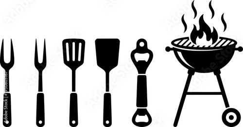Grill. Tools for grilling. Grill fork, kitchen spatula, bbq tools. Design element for logo, label, sign, poster, flyer. Vector illustration

