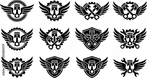 Set of winged motorcycle engine. Design elements for poster, emblem, sign, logo, label, emblem.
