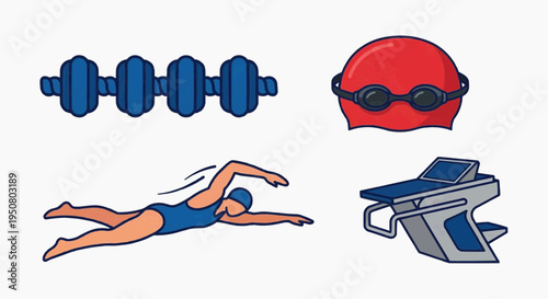 Swimming equipment and swimmer in cartoon style showing activity and accessories 