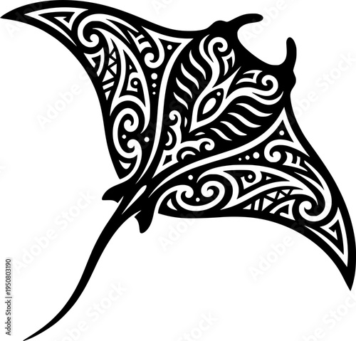 Tribal Manta Ray EPS Black Outline Vector Illustration
