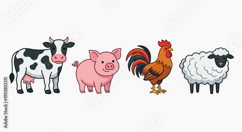 A colorful illustration of farm animals, showcasing a cow, pig, rooster, and sheep. These adorable creatures stand side by side