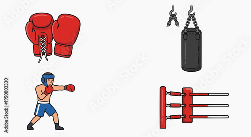 Boxing gloves and equipment, highlighting the gear used in a boxing match and related sporting activities. The image features a set of red boxing gloves, a hanging punching bag.