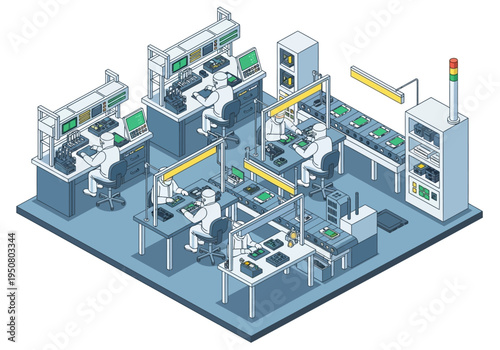 Modern technology manufacturing facility with workers assembling electronic components at workstations