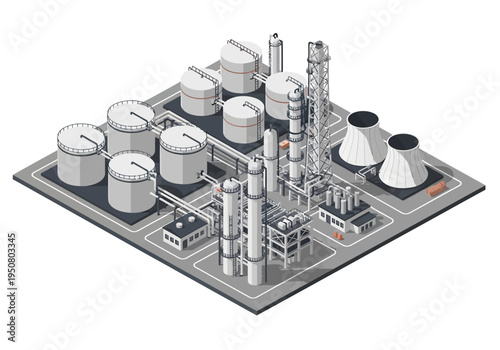 Industrial plant with storage tanks and cooling towers in a landscape isometric view