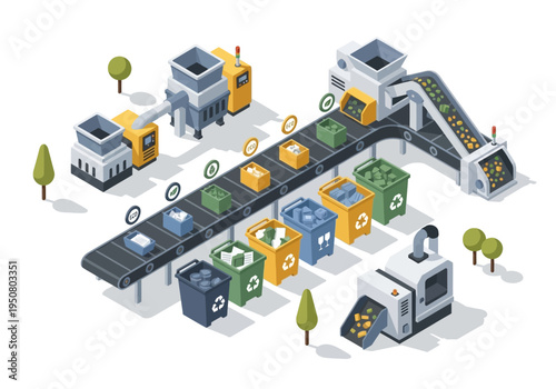Automated recycling facility with conveyor belts sorting waste into designated bins