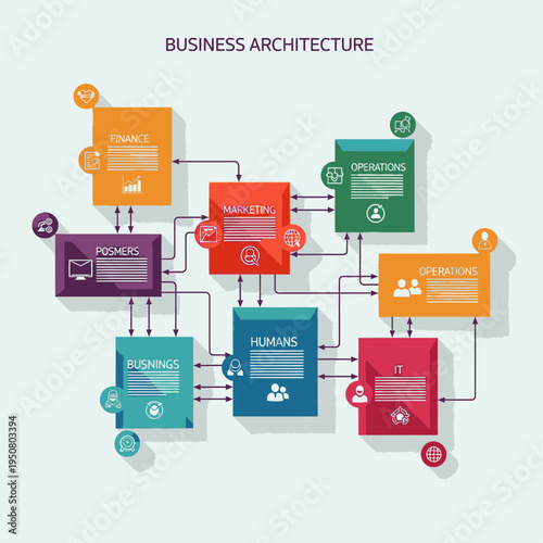Business Architecture Diagram Illustrating Interconnected Departments and Processes.