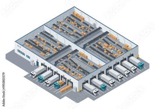 Efficient logistics and distribution center with numerous loading docks and delivery trucks