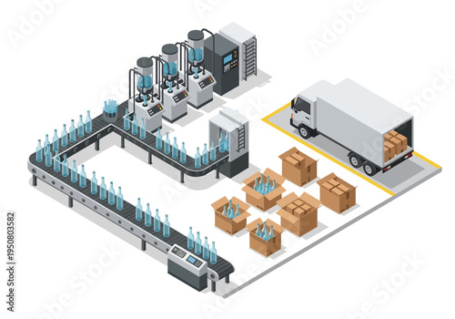 Modern automated bottling and packaging production line with trucks ready for delivery