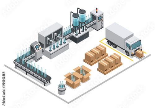 Industrial production line with bottles, packaging, and delivery truck in isometric view