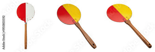 Foto Set and collection of vintage railway signal paddles and safety hand signs for t