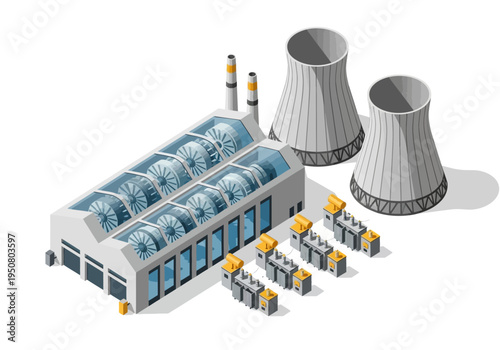Modern industrial power plant with cooling towers and machinery, generating clean energy for the community